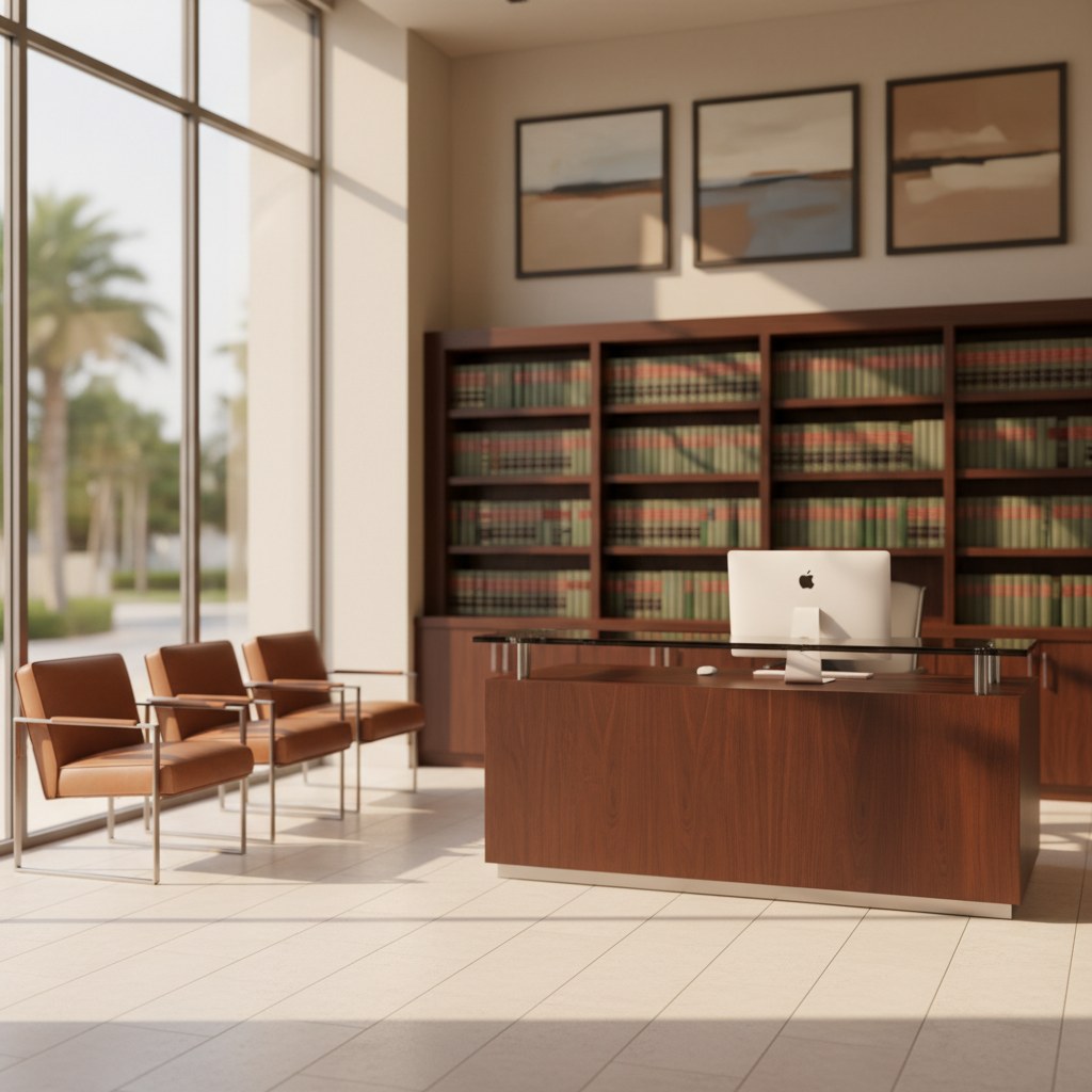 Law firm reception with dark wood desk, leather chairs, and legal volumes in soft focus